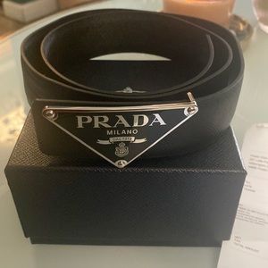 Black leather Prada belt and Prada belt buckle